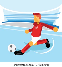 red team soccer player shooting side of field in soccer stadium during match vector illustration