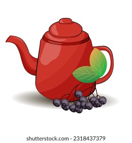 Red teapot in cartoon style with currant berries. Berry tea. Vector illustration.