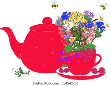 Red teapot and cup with herbs and berries