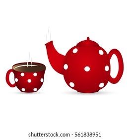 Red teapot with a cup of hot drink.