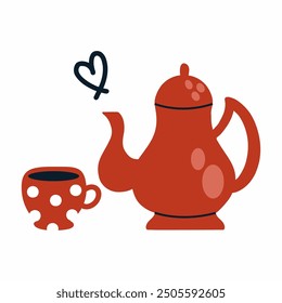 Tetera roja y taza. Conjunto de té. elemento de decoración de la postal de otoño.