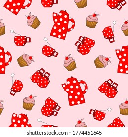Red teapot and cups with a berry muffin. Vector illustration on a pink background. For packaging, fabric and decor.