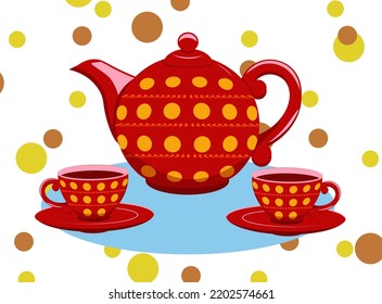 Red teapot with cups. Red and yellow. Isolated elements. English breakfast. Tea ceremony. Kitchen stationery, kitchenware. House decor.