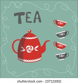 Red teapot with four colored cups