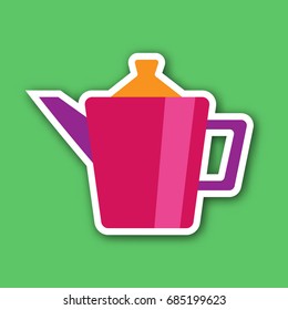 Red teapot icon. Flat design, doodle icon, sticker. Vector. Red kettle isolated on green background