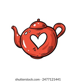 Red teapot illustration with heart motif. Perfect for Valentine's Day, tea-related themes, and more.