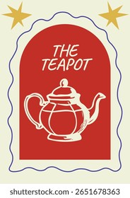 Red teapot illustration within an arch frame outline, perfect for classic kitchen or tea-themed décor.