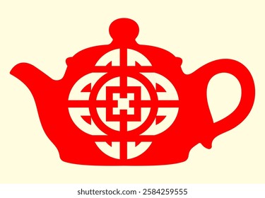 Red teapot with intricate geometric design.