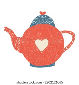 A red teapot isolated on a white background. Tea time. Hand drawn flat vector illustration