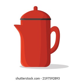 Tetera roja. Hervidor de agua. Con asa. Con sombra. Textura vectorial. Para la cocina.  Un solo elemento. Fondo blanco.
