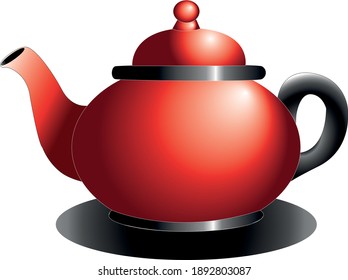 Red teapot with metal elements for making tea. Bright vector illustration that grabs attention.