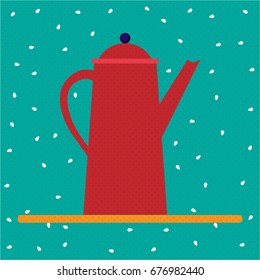 Red teapot on a blue background. Retro style