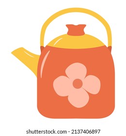 Red teapot with ornament .Kettle with a handle.Isolated on white background.Vector flat illustration.