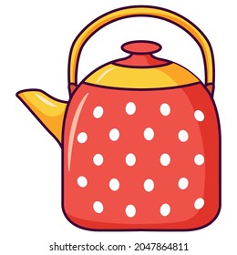 Red teapot ornament white polka dots.Line art vector illustration.Isolated on white background.