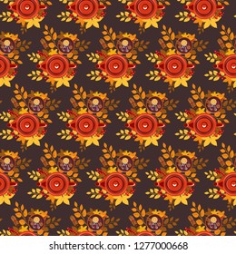 red teapot pattern cup of tea and leaves
