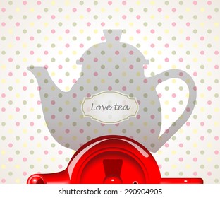 Red teapot as seen from above against dotted background