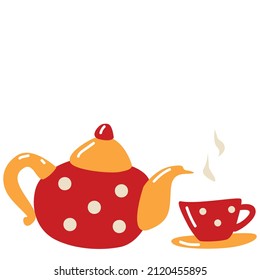 A red teapot with tea and a polka dot mug. Ceramic tableware for the holiday. Vector isolate on a white background