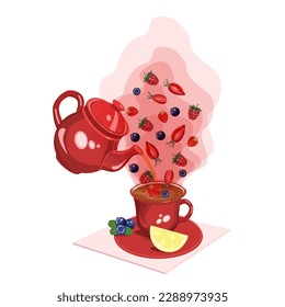 A red teapot and a teacup with a saucer.Steam comes out of the cup with raspberries, strawberries, rosehip, blueberries.Vector composition of a tea party.