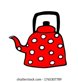 tetera roja con puntos de polka blanca, ilustración vectorial simple al estilo Doodle