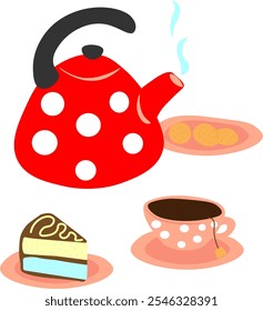 bule vermelho com bolinhas brancas, xícara com bolinhas e chá, biscoitos em um prato e um pedaço de bolo