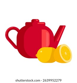 Red teapot with yellow lemons nearby. Whole and half. Perfect for bright design of menus, dishes, kitchen textiles. Break, tea, tea ceremony.