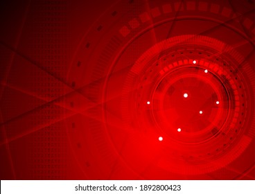 Red tech geometric background with HUD gear shape. Vector abstract graphic design