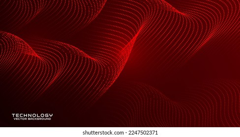Fondo abstracto del tecno rojo sobre el espacio oscuro con efecto de estilo de partícula ondulante. Elemento de diseño gráfico con concepto de flujo de puntos móviles 3d para banner, volante, tarjeta, portada de folleto o página de aterrizaje
