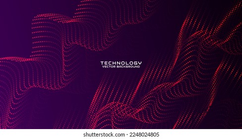 Red techno abstract background on dark space with waving particle style effect. Graphic design element with 3d moving dots flow concept for banner, flyer, card, brochure cover, or landing page