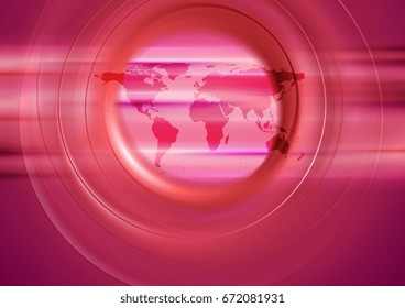 Red technology abstract background with world map and smooth circles. Vector design