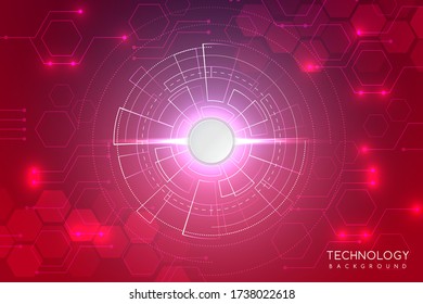 Red technology background with various technological elements. The concept of innovative high-tech communications. Digital technology and engineering.