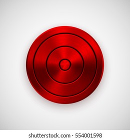 Red technology circle badge, abstract geometric perforated button template with metal texture, chrome, silver, steel, bronze and realistic shadow for logo, design, web, apps. Vector illustration.