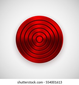 Red technology circle badge, abstract geometric perforated button template with metal texture, chrome, silver, steel, bronze and realistic shadow for logo, design, web, apps. Vector illustration.