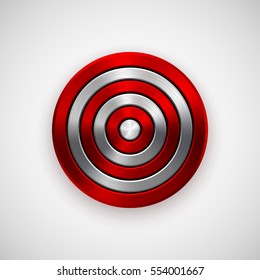 Red technology circle badge, abstract geometric perforated button template with metal texture, chrome, silver, steel, bronze and realistic shadow for logo, design, web, apps. Vector illustration.