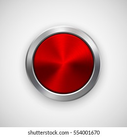 Red Technology Circle Badge, Abstract Geometric Perforated Button Template With Metal Texture, Chrome, Silver, Steel, Bronze And Realistic Shadow For Logo, Design, Web, Apps. Vector Illustration.