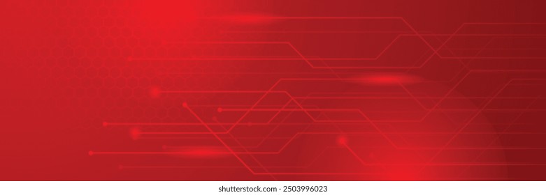 Red technology digital banner design. Science, medical and digital technology header. Geometric abstract background with tech design. Molecular structure and communication vector illustration.