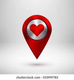 Red technology map pointer badge, button template with love, Valentines heart sign, metal texture, chrome, steel, silver for design, interfaces, applications, apps, web. Vector illustration.