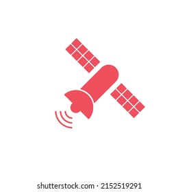Red telecommunication satellite symbol. Vector illustration isolated on white background.