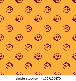 Red Telephone 24 hours support icon isolated seamless pattern on brown background. All-day customer support call-center. Full time call services. Flat design. Vector Illustration