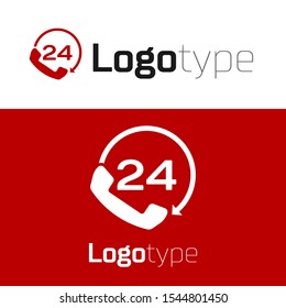 Red Telephone 24 hours support icon isolated on white background. All-day customer support call-center. Full time call services. Logo design template element. Vector Illustration