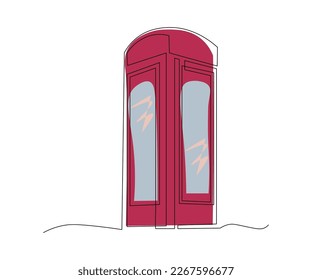 red telephone booth hand-drawn, continuous monoline, drawing in one line
