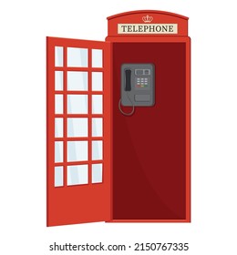 Red telephone booth with open door, color vector isolated cartoon-style illustration