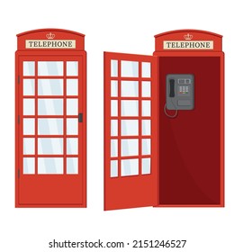 Red telephone booth with open door, color vector isolated cartoon-style illustration