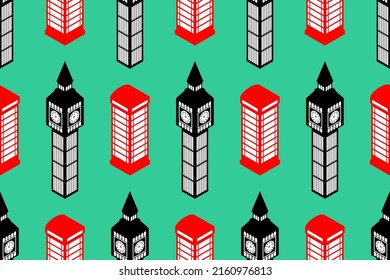 Red telephone booth pattern seamles. London landmark background. Vector texture