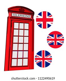 Red telephone box with flag elements of Great Britain