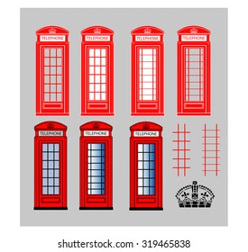 Red Telephone Box - Multiple Variants with Design Elements - Vector Illustration 