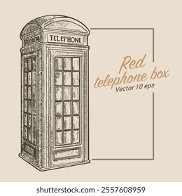 Red telephone box, symbols of England, illustration in medieval engraving style