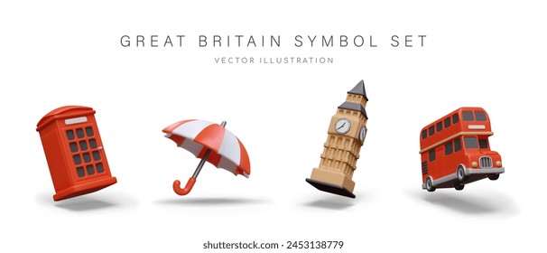 Red telephone box, umbrella, Big Ben, double decker bus