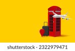 red telephone London box with plane and suitecase, 3d render illustration, british trip
