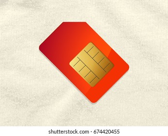 Red Telephone Sim  Card with Shadow Over Crumpled Material Background