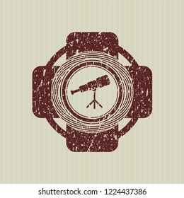 Red telescope icon inside distress grunge style stamp